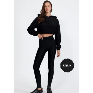 Kadın Şardonlu Toparlayıcı Yüksek Bel Polarlı Siyah Tayt