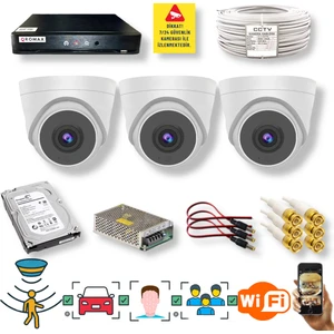 Qromax 3 Kameralı Set - Yüz Insan Araç Tanımalı Hareket Algılayan 1080P 5 Mp Sony Lens 6 Smart LED Dome Fullhd Iç Mekan Güvenlik Kamerası Seti D206SL