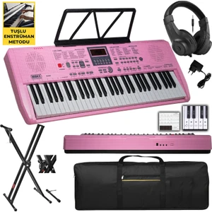 PS-1800PK-SET 61 Tuşlu Kaliteli Pembe Org Dijital Ekran stand Kulaklık Çanta Notalık Adaptör Sticker metod