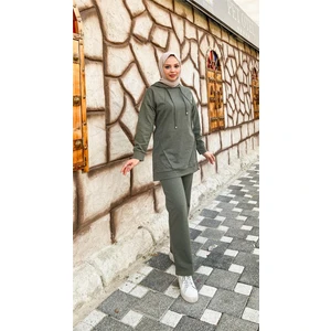 Kapşonlu O Yaka Sade Basic Ikili Eşofman Spor Takımı - 3039 - Haki