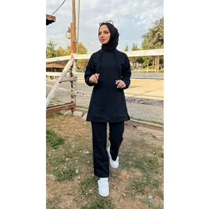 Kapşonlu O Yaka Sade Basic Ikili Eşofman Spor Takımı - 3039 - Siyah