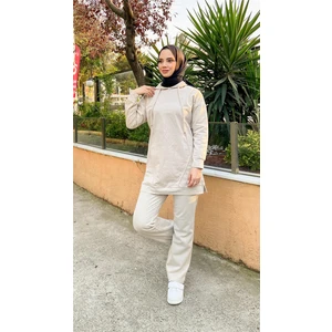 Kapşonlu O Yaka Sade Basic Ikili Eşofman Spor Takımı - 3039 - Ekru