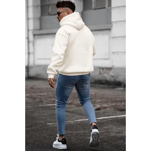 Erkek Kırık Beyaz Krem Ekru Spectacular Baskılı 3 Iplik Şardonlu Kapüşonlu Kanguru Cepli Oversize Salaş Hoodie Sweatshirt