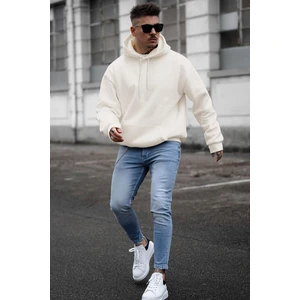 Erkek Kırık Beyaz Krem Ekru Düz Kapüşonlu Oversize 3 Iplik Şardonlu Salaş Bol Kesim Hoodie Sweatshirt