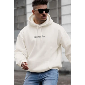 Erkek Kırık Beyaz Krem Ekru Spectacular Baskılı 3 Iplik Şardonlu Kapüşonlu Kanguru Cepli Oversize Salaş Hoodie Sweatshirt