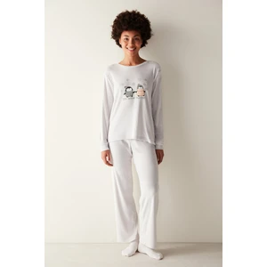 Kar Tanesi Desenli Fuzzy Sweatshirt Gri Pijama Üstü