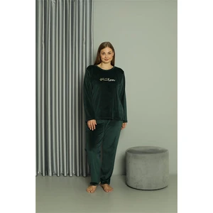Büyük Beden Kadın Kadife Yeşil Pijama Takım 20628