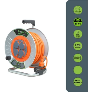 Mmp Serisi IP44 Makaralı Seyyar Uzatma Kablosu 30 Metre 3g2,5mm² (Türk Malı, Yüksek Darbe Dayanımı, Metal Sac, Dış Mekan, Su Sıçramalarına Karşı Korumalı, Turuncu Kablo, Termal Sigortalı)