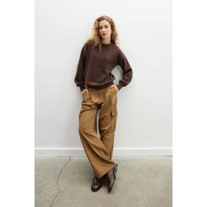 Annette Pullover Bisiklet Yaka Büzgü Kol Kadın Triko Kazak - Koyu Kahve