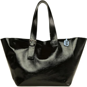 Siyah Kemer Detaylı Dokulu Parlak Dokulu Tote Çanta