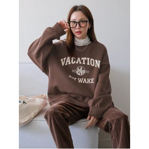 Kadın Kahve Vacation Joy Wake Baskılı Oversize Bisiklet Yaka Sweatshirt