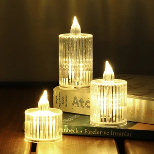 3lü Kristal Desenli LED Mum Seti Pilli Dumansız Alevli Ledli Dekoratif Yapay Mum