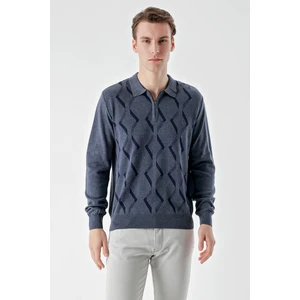 Erkek Indigo Trend Kilim Desen Fermuarlı Polo Yaka Dynamic Fit Rahat Kesim Triko