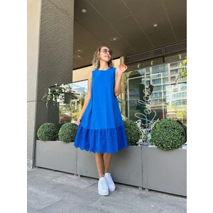 Leila Mavi Etek Detaylı Kolsuz Elbise Mavi - S
