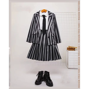 Wednesday Addams Cosplay Ceketli Kız Çocuk Takım Ceket&gömlek&etek (Kravat Dahil)