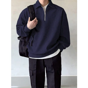 Genius Store Genıus Store erkek Polo Yaka Oversize Sweatshirt Yarım Fermuar Sweatshirt