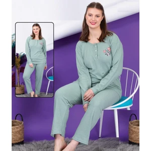 Kadın Büyük Beden Kışlık Yeşil Tek Çiçek Pijama Takımı Annegri1