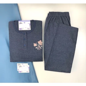 Kadın Büyük Beden Kışlık Lacivert Tek Çiçek Pijama Takımı Annegri1