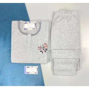 Kadın Büyük Beden Kışlık Gri Pudra Tek Çiçek Pijama Takımı Annegri1