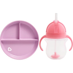 Sabit Vakumlu Beslenme Tabağı &tıklama Uçlu Pipetli  Alıştırma Bardağı 6AY+ Mor&pembe 2'li Paket