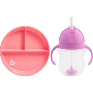 Sabit Vakumlu Beslenme Tabağı &tıklama Uçlu Pipetli Alıştırma Bardağı 6AY+ Pembe&mor  2'li Paket