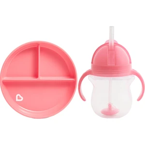 Sabit Vakumlu Beslenme Tabağı &tıklama Uçlu  Pipetli Alıştırma Bardağı 6AY+ Pembe&pembe  2'li Paket