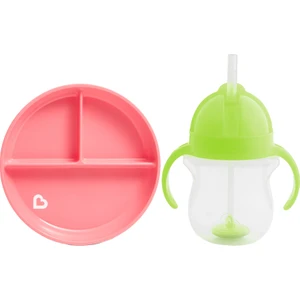 Sabit Vakumlu Beslenme Tabağı &tıklama Uçlu Pipetli Alıştırma Bardağı 6AY+ Pembe&yeşil 2'li Paket