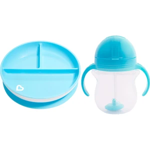 Sabit Vakumlu Beslenme Tabağı &tıklama Uçlu Pipetli  Alıştırma Bardağı 6AY+ Mavi&mavi 2'li Paket