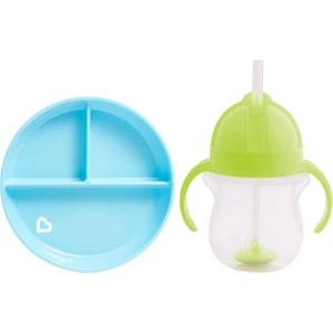 Sabit Vakumlu Beslenme Tabağı &tıklama Uçlu  Pipetli Alıştırma Bardağı 6AY+ Mavi&yeşil 2'li Paket