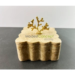 Doğal Traverten Mermer Kase, Mermer Takı Kutusu, Mermer Düzenleyici Gold Mercan, Kenar Detaylı