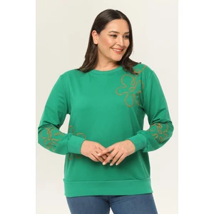 Kadın Büyük Beden Nakış Detaylı Basic Yeşil Sweatshirt