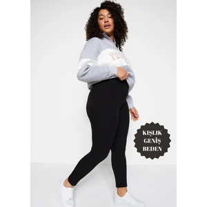 Curve Büyük Beden Fitilli Şardonlu Yüksek Bel Toparlayıcı Siyah Kışlık Tayt