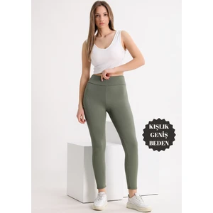 Curve Büyük Beden Fitilli Şardonlu Yüksek Bel Toparlayıcı Haki Kışlık Tayt