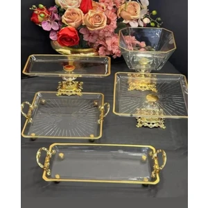 Zen Home Exclusive Döküm Ayaklı Gold 5 Parçadan Oluşan Muhteşem Sunum & Servis Seti