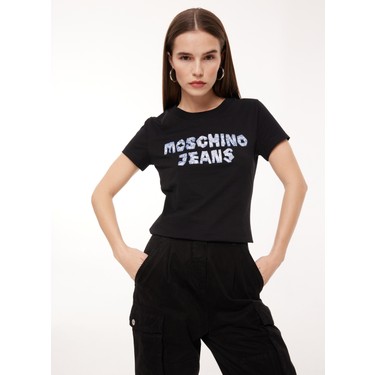 ▪️ momomo　▪️ Moschino Bisiklet Yaka Baskılı Siyah Kadın T-Shirt A0701 Fiyatı