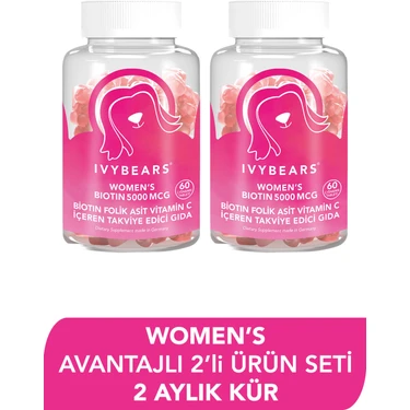 Women's Biotin Saç Vitamin 5000 Mcg 2'li Set, Folik Asit, Vegan, Vitamin C, Çinko,