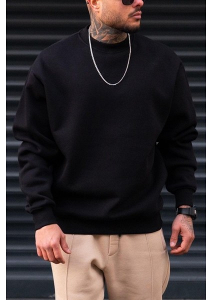Erkek Düz Siyah Basic Baskısız Sıfır Bisiklet Yaka Oversize Salaş Sweatshirt Sweat fırsatları