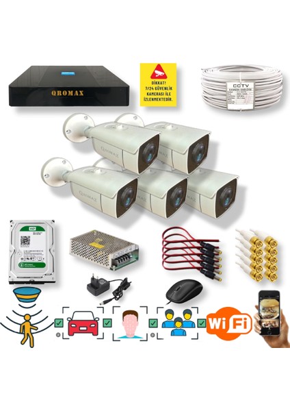 5 Kameralı Set - Insan Yüz Tanımalı Hareket Algılayan Gece Görüşlü 24 Smd LED 5mp Sony Lensli 1080P Full Hd Metal Kasa Güvenlik Kamerası Seti 6224