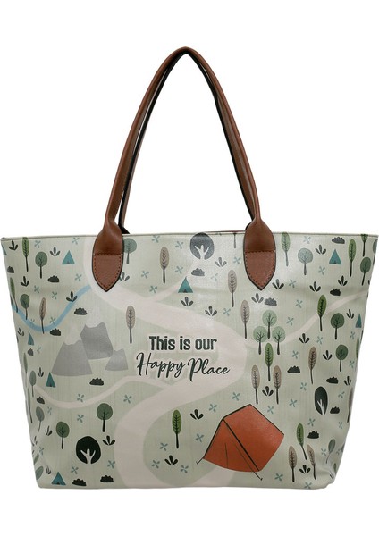 Kadın Vegan Deri Krem Omuz Çantası - This is Our Happy Place Tasarım fiyatları