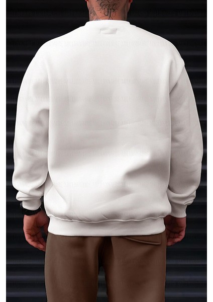 Erkek Kırık Beyaz Krem Ekru Believe Baskılı 0 Sıfır Yaka Oversize Salaş Bol Kesim Polar Sweatshirt fiyatları