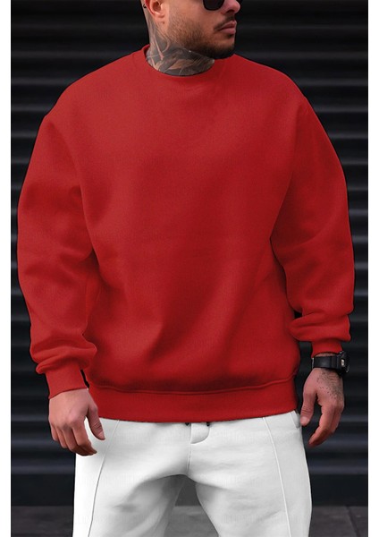 Erkek Kırmızı Basic 0 Sıfır Yaka Baskısız Düz Oversize Salaş Bol Kesim Polar Sweatshirt