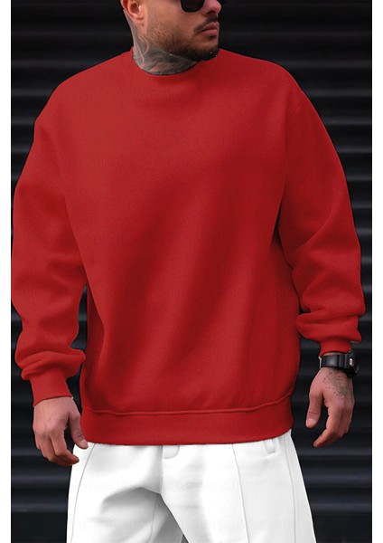Erkek Kırmızı Basic 0 Sıfır Yaka Baskısız Düz Oversize Salaş Bol Kesim Polar Sweatshirt