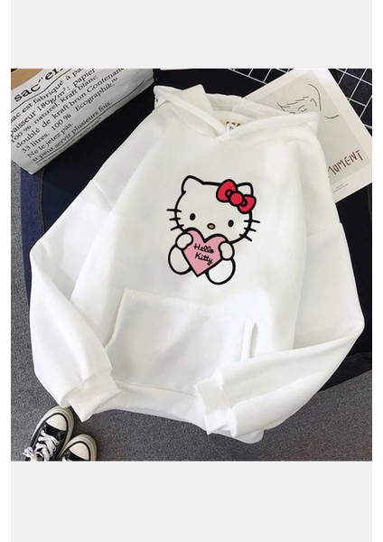 Hello Kitty Love Beyaz Kapşonlu Sweatshirt