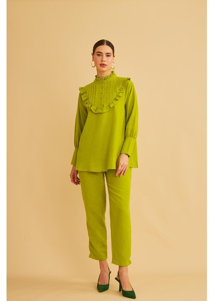 Jade Süs Dikişli ve Düğmeli Fırfır Yaka Keten Olive Tunik Pantolon Takım