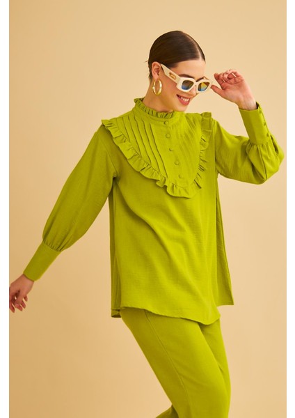 Jade Süs Dikişli ve Düğmeli Fırfır Yaka Keten Olive Tunik Pantolon Takım fiyatları