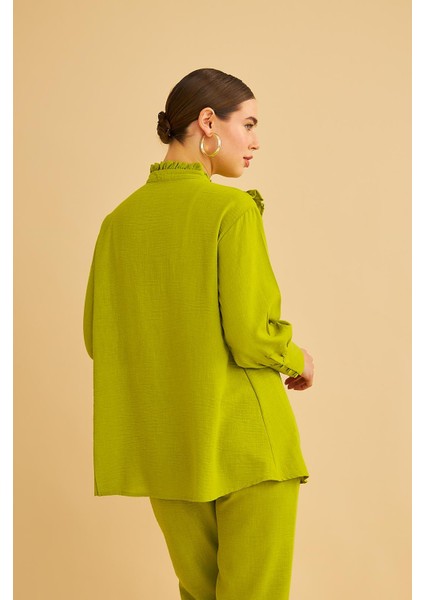 Jade Süs Dikişli ve Düğmeli Fırfır Yaka Keten Olive Tunik Pantolon Takım modelleri