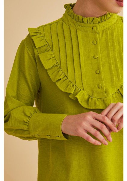 Jade Süs Dikişli ve Düğmeli Fırfır Yaka Keten Olive Tunik Pantolon Takım fırsatları