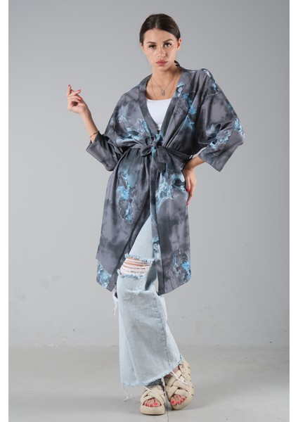 Gri Desenli Krep Kimono 0107129.06