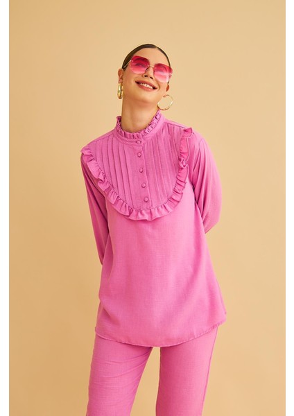 Jade Süs Dikişli ve Düğmeli Fırfır Yaka Keten Pembe Tunik Pantolon Takım fiyatları