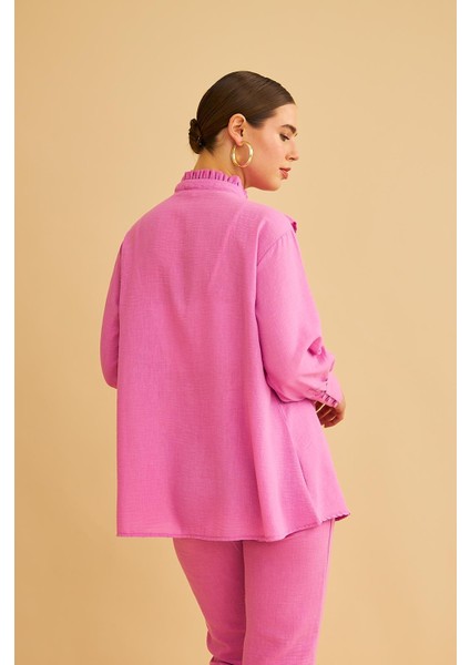Jade Süs Dikişli ve Düğmeli Fırfır Yaka Keten Pembe Tunik Pantolon Takım modelleri